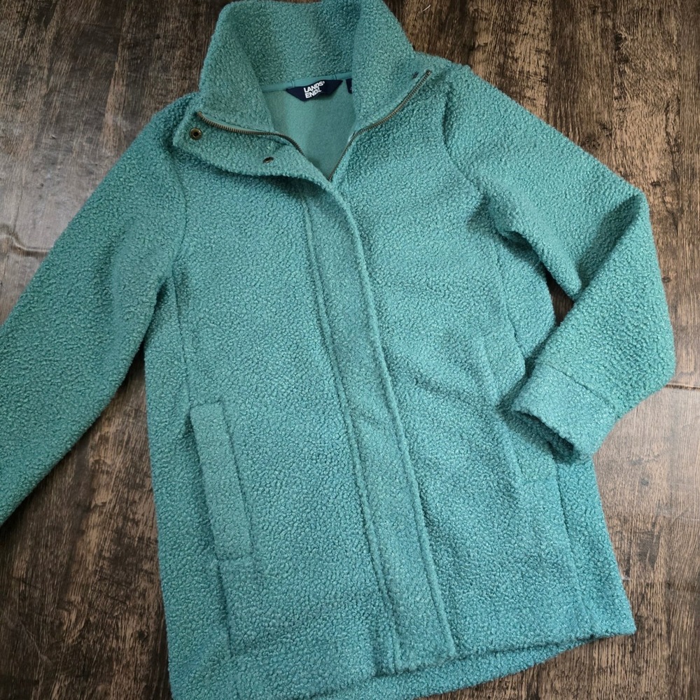 LANDS END Sherpa Fleece Jacket Womens‎ S Seafoam Green Excellent Full Zip Snap